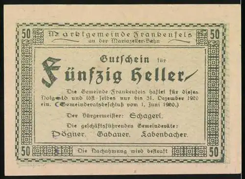 Notgeld Frankenfels 1920, 50 Heller, Landschaftsmotiv mit Hügeln und Dorfansicht