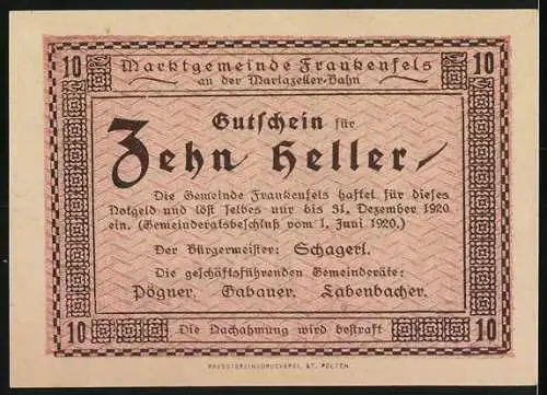 Notgeld Frankenfels 1920, 10 Heller, Burgansicht mit dekorativem Rahmen und Textgutschein