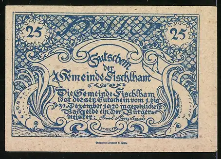 Notgeld Fischlham 1920, 25 Heller, Kirche und Häuser, Fischmotive und Wellenornamentik