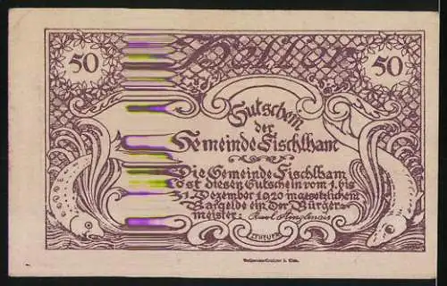 Notgeld Fischlham 1920, 50 Heller, Kirche und Landschaftsmotiv, Fische und florale Muster