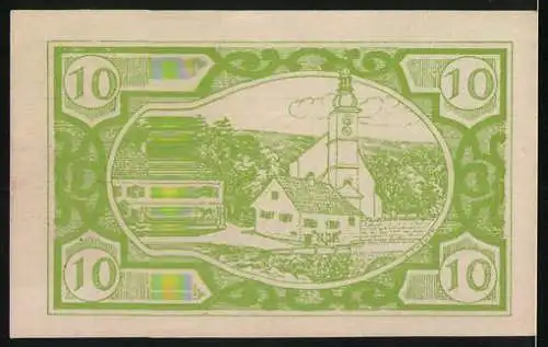 Notgeld Fischlham 1920, 10 Heller, Kirchenansicht und Zierfische-Motiv