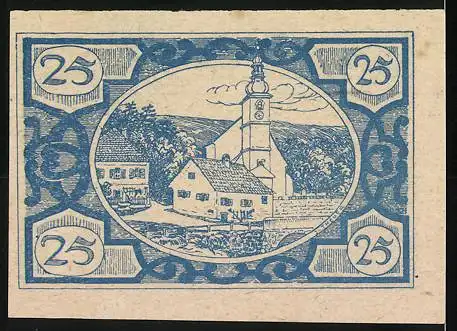 Notgeld Fischlham 1920, 25 Heller, Fische und Dorfkirche-Motiv