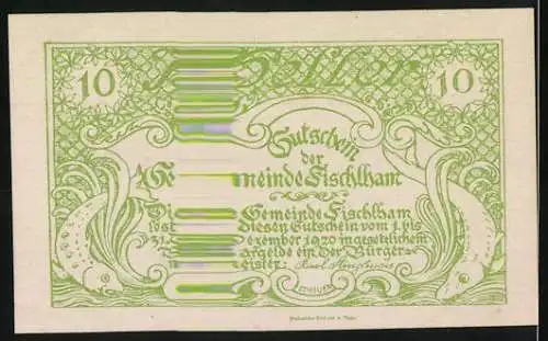 Notgeld Fischlham 1920, 10 Heller, Kirche und Häuser, Fische und florale Ornamente