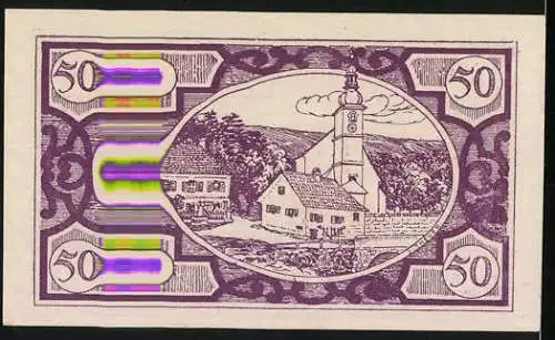 Notgeld Fischlham 1920, 50 Heller, zwei Fische und Dorfansicht mit Kirche im Oval