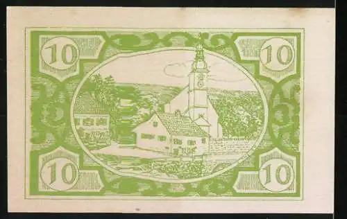 Notgeld Fischlham 1920, 10, Landschaft mit Kirche und dekorative Fische