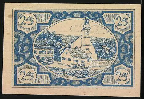 Notgeld Fischlham 1920, 25 Heller, Fische und Dorfansicht mit Kirche