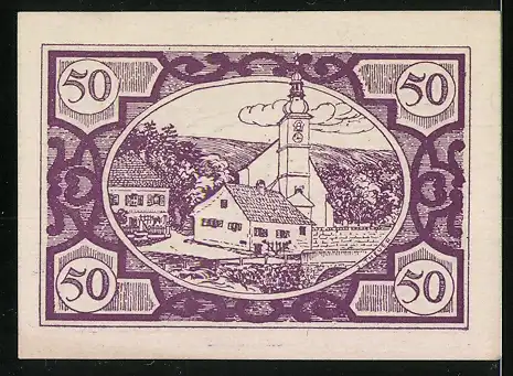 Notgeld Fischlham 1920, 50 Heller, Kirche und Häuser, Fischmotive, violett