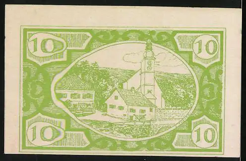 Notgeld Fischlham 1920, 10 Heller, Fische und Dorfansicht mit Kirche