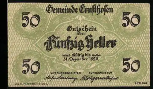 Notgeld Ernsthofen 1920, 50 Heller, Kirche und dekoratives Muster