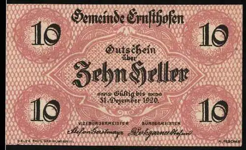 Notgeld Ernsthofen 1920, 10 Heller, Dorfszene mit Kirche und dekoratives Muster