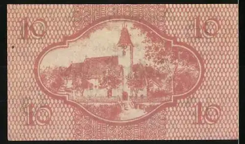 Notgeld Ernsthofen 1920, 10 Heller, Dorfszene mit Kirche und dekoratives Muster