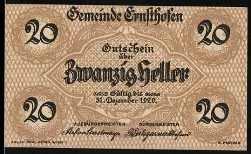 Notgeld Ernsthofen 1920, 20 Heller, Gutschein mit Kirche und dekorativem Muster