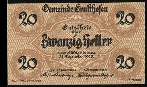 Notgeld Ernsthofen 1920, 20 Heller, Kirche in Landschaftsmotiv, Ornamentverzierung