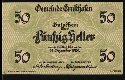 Notgeld Ernsthofen 1920, 50 Heller, Kirche und Ornamentmuster