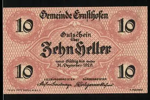 Notgeld Ernsthofen 1920, 10 Heller, Kirche und Landschaftsmotiv