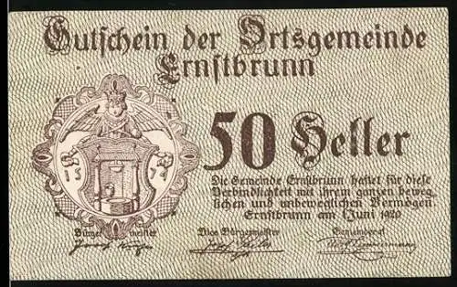 Notgeld Ernstbrunn 1920, 50 Heller, Brunnenmotiv, Seriennummer, Wappen