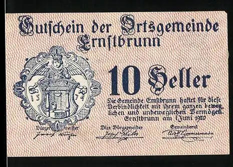 Notgeld Ernstbrunn 1920, 10 Heller, Wappen mit Engel und Mühlrad, Seriennummer und Unterschriften