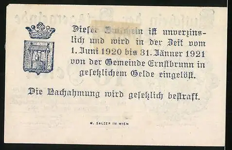 Notgeld Ernstbrunn 1920, 10 Heller, Wappen mit Engel und Mühlrad, Seriennummer und Unterschriften