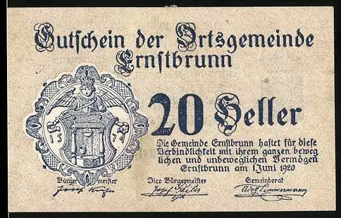 Notgeld Ernstbrunn 1920, 20 Heller, Wappen der Gemeinde mit Engel und Waage