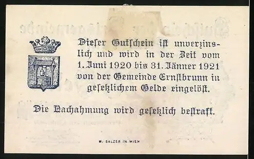 Notgeld Ernstbrunn 1920, 20 Heller, Wappen der Gemeinde mit Engel und Waage