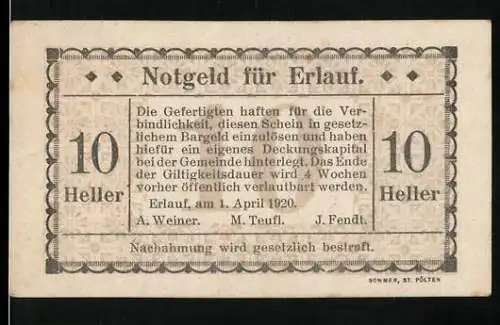 Notgeld Erlauf 1920, 10 Heller, Text mit Haftungserklärung und Unterschriften, Druck Sommer, St. Pölten