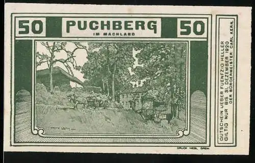 Notgeld Puchberg 1920, 50 Heller, Landschaft mit Kutsche und Gebäuden