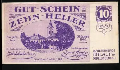 Notgeld Erlauf 1920, 10 Heller, Gebäudeansicht und gesetzlicher Hinweis