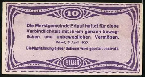 Notgeld Erlauf 1920, 10 Heller, Gebäudeansicht und gesetzlicher Hinweis