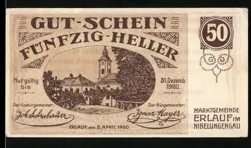 Notgeld Erlauf 1920, 50 Heller, Kirche und Landschaftsmotiv