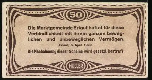 Notgeld Erlauf 1920, 50 Heller, Kirche und Landschaftsmotiv