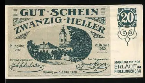 Notgeld Erlauf 1920, 20 Heller, Ansicht mit Kirche und Gemeindehaftungstext