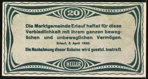 Notgeld Erlauf 1920, 20 Heller, Ansicht mit Kirche und Gemeindehaftungstext