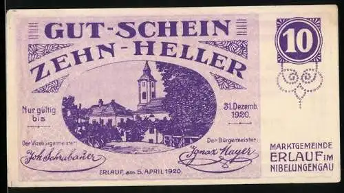 Notgeld Erlauf 1920, 10 Heller, Ortsansicht mit Kirche und dekorativem Rahmenmuster