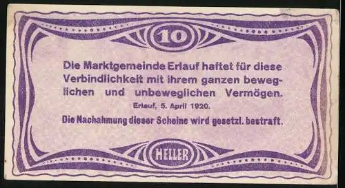 Notgeld Erlauf 1920, 10 Heller, Ortsansicht mit Kirche und dekorativem Rahmenmuster