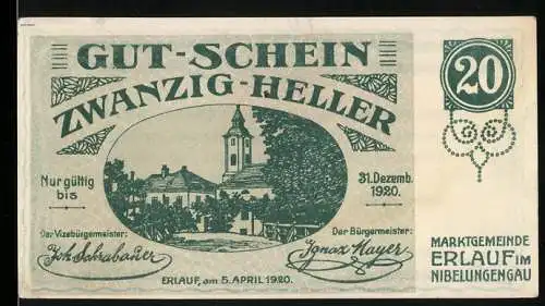 Notgeld Erlauf 1920, 20 Heller, Stadtansicht mit Kirche und Ornamenten