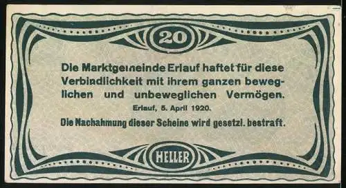 Notgeld Erlauf 1920, 20 Heller, Stadtansicht mit Kirche und Ornamenten