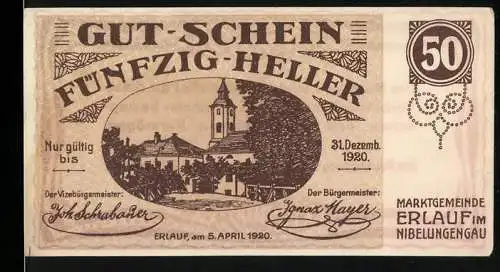 Notgeld Erlauf 1920, 50 Heller, Kirche und Gebäude, Haftungserklärung der Marktgemeinde