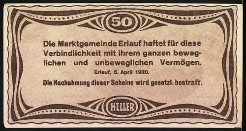 Notgeld Erlauf 1920, 50 Heller, Kirche und Gebäude, Haftungserklärung der Marktgemeinde