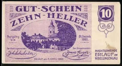 Notgeld Erlauf 1920, 10 Heller, Stadtansicht mit Kirche, violette Gestaltung