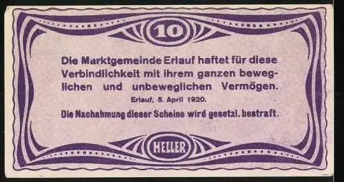 Notgeld Erlauf 1920, 10 Heller, Stadtansicht mit Kirche, violette Gestaltung