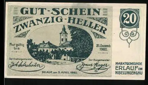 Notgeld Erlauf 1920, 20 Heller, Ansicht der Stadt mit Kirche