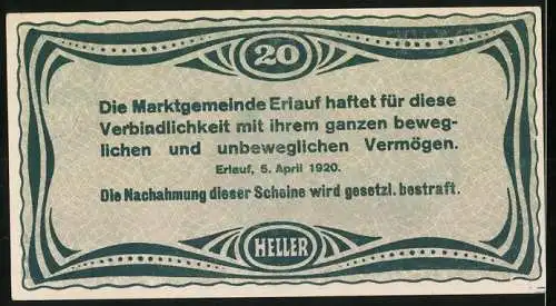 Notgeld Erlauf 1920, 20 Heller, Ansicht der Stadt mit Kirche