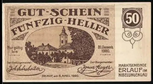 Notgeld Erlauf 1920, 50 Heller, Dorfszene mit Kirche, gültig bis 31. Dezember 1920