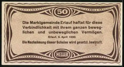 Notgeld Erlauf 1920, 50 Heller, Dorfszene mit Kirche, gültig bis 31. Dezember 1920