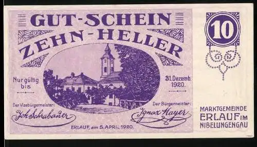 Notgeld Erlauf 1920, 10 Heller, Stadtansicht mit Kirche, Gültigkeit bis 31. Dezember 1920