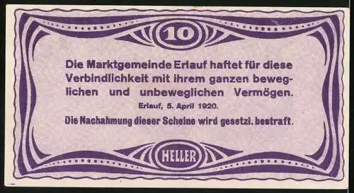 Notgeld Erlauf 1920, 10 Heller, Stadtansicht mit Kirche, Gültigkeit bis 31. Dezember 1920