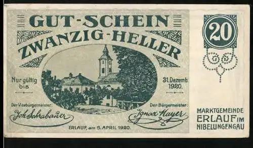 Notgeld Erlauf 1920, 20 Heller, Kirche und Gebäude, Gültigkeit bis 31. Dez. 1920, Unterschriften der Bürgermeister