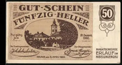 Notgeld Erlauf 1920, 50 Heller, Kirche und Landschaftsmotiv