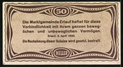 Notgeld Erlauf 1920, 50 Heller, Kirche und Landschaftsmotiv