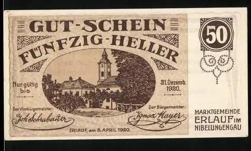 Notgeld Erlauf 1920, 50 Heller, Gebäude und Ornamentmuster, gültig bis 31. Dez. 1920